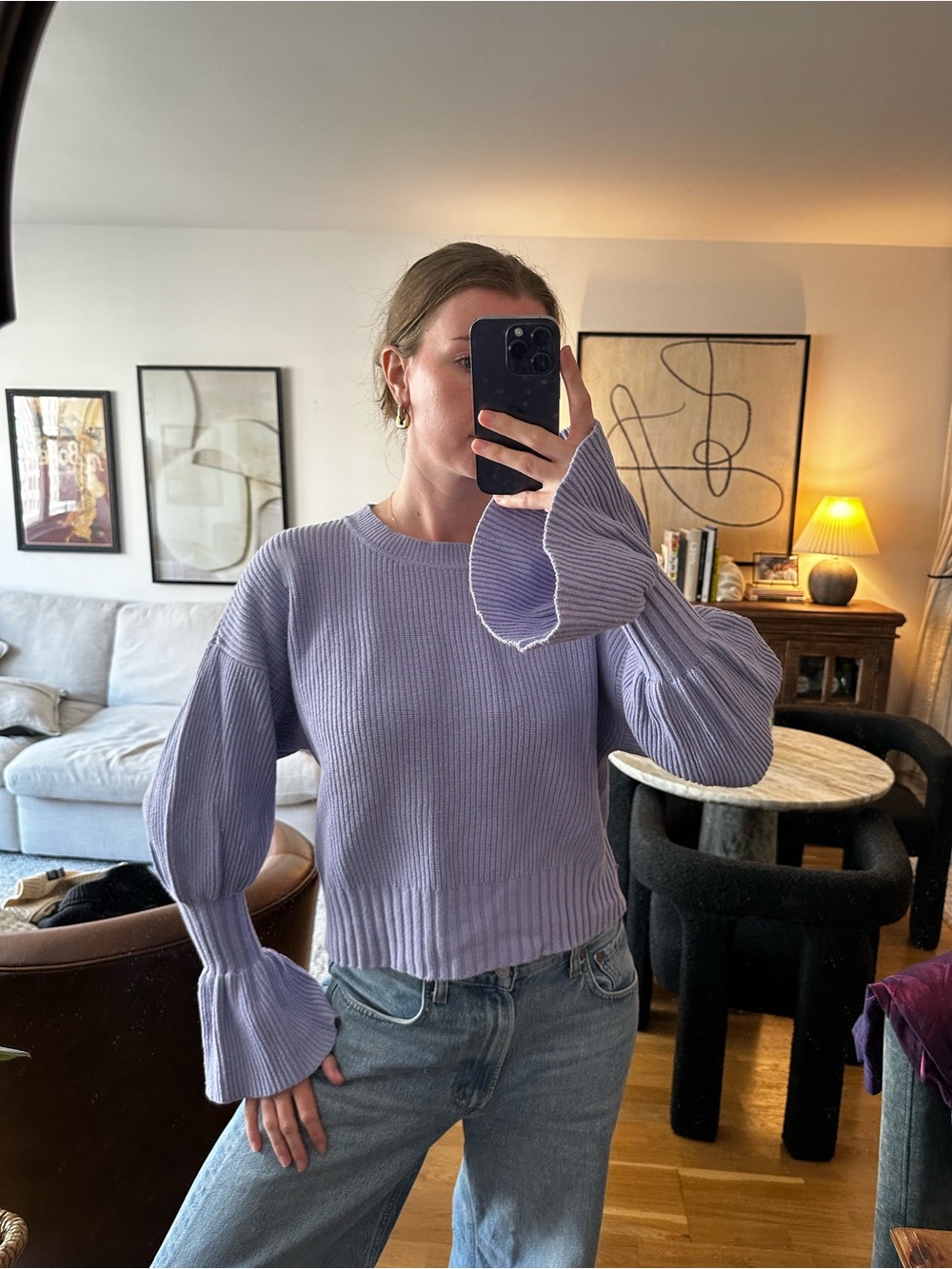 Anthropologie Lilac Bell-Sleeve Ribbed Crew Sweater